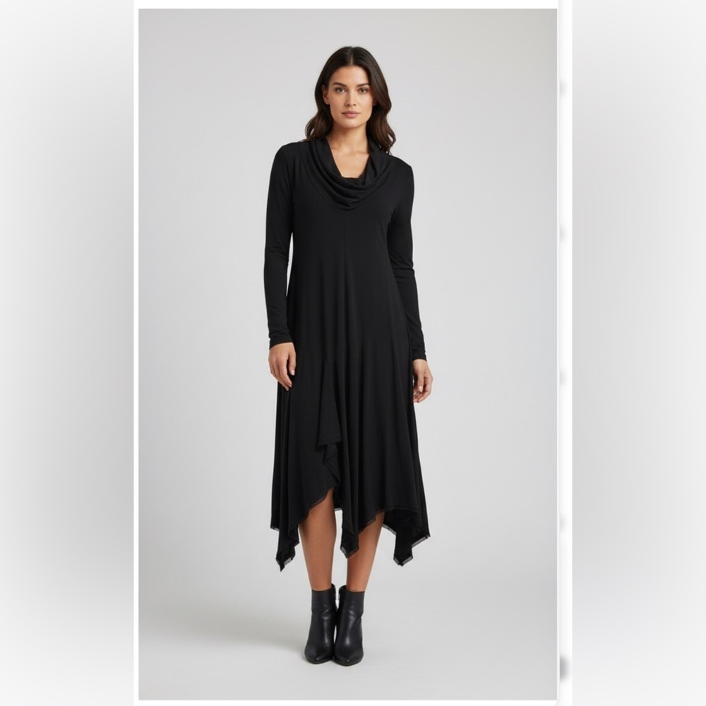 Marie Saint Pierre Cowl Neck Long Asymmetrical Hem Dress Black Sz 1